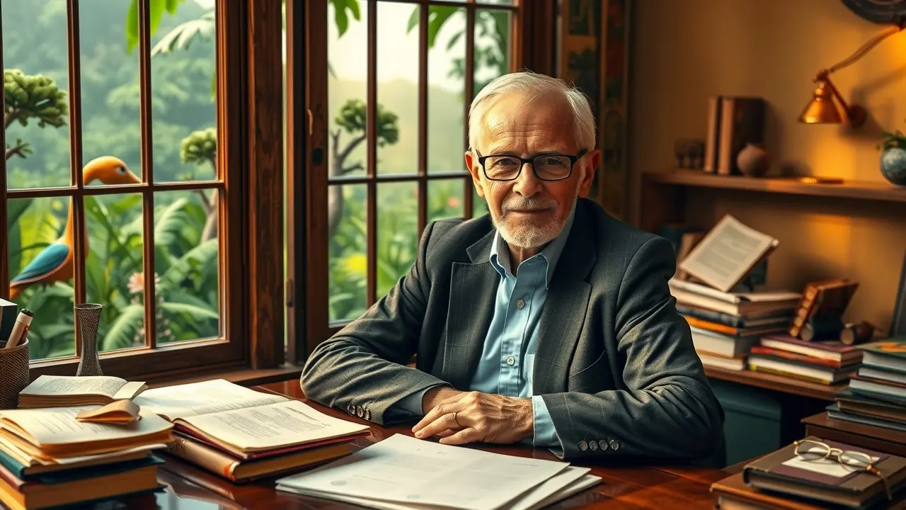 Monteiro Lobato sorrindo em sua mesa de trabalho