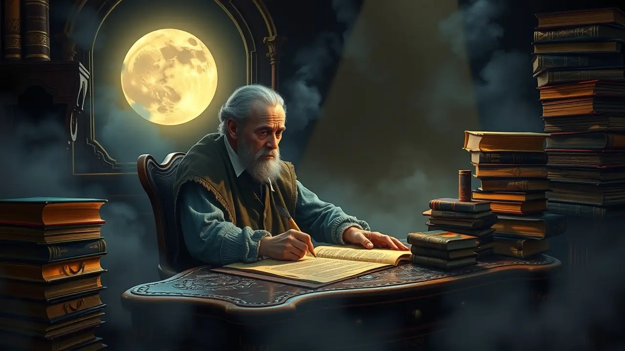 Ilustração onírica de Montesquieu escrevendo.