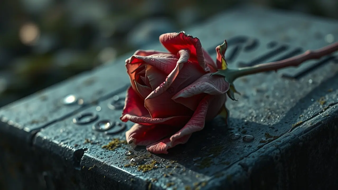 Rosa murcha sobre lápide, simbolismo de fim e renovação.