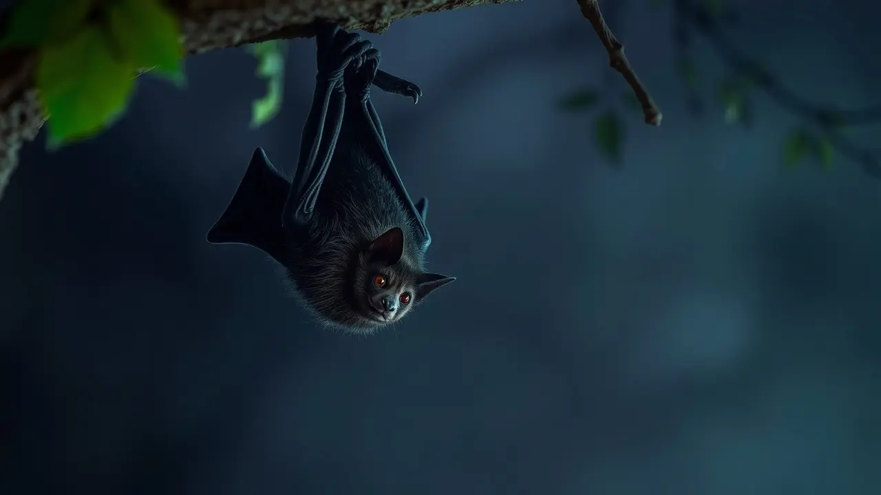 Morcego pendurado em galho, olhos vermelhos.