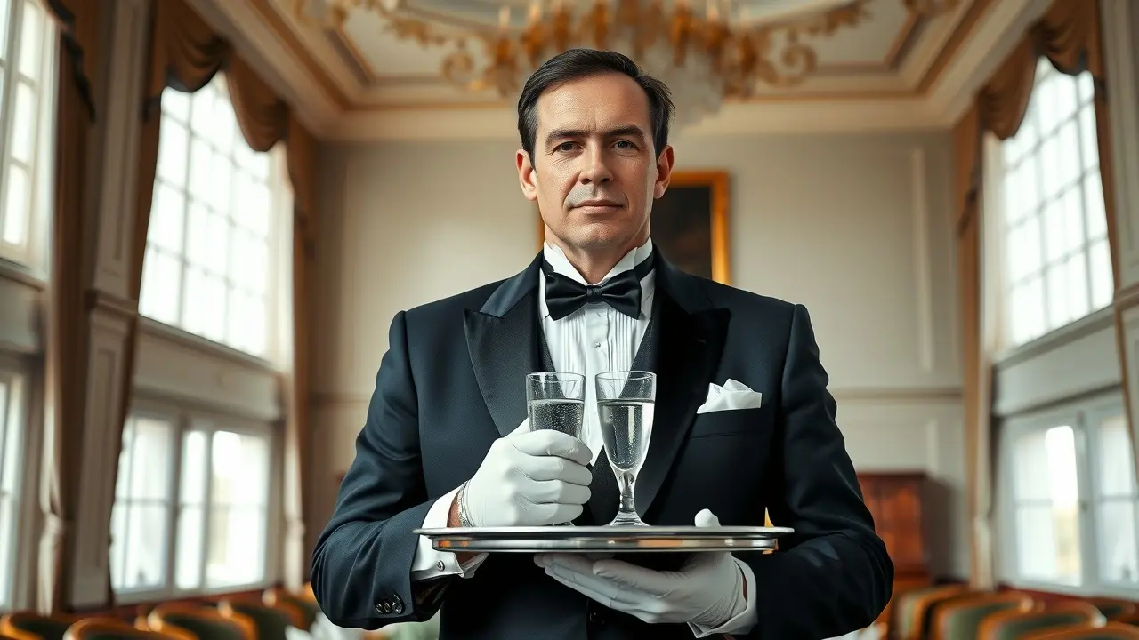 O Significado Profundo de Sonhar com Mordomo Mordomo prestativo segurando bandeja em sonho.