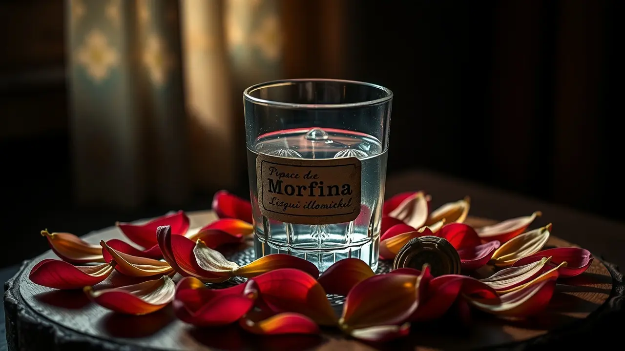 Frasco de morfina vintage com pétalas de papoula.