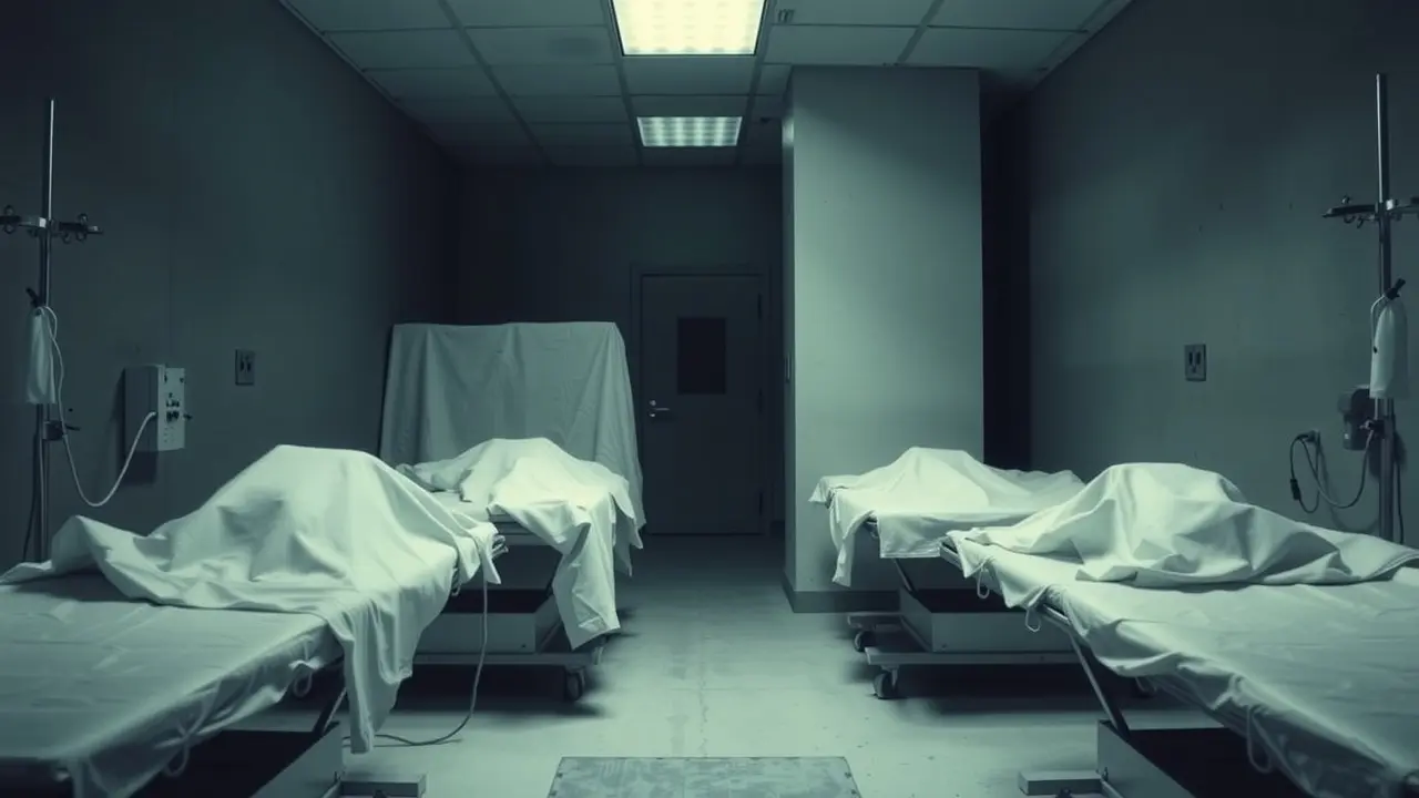 Morgue escura com silêncio e mistério