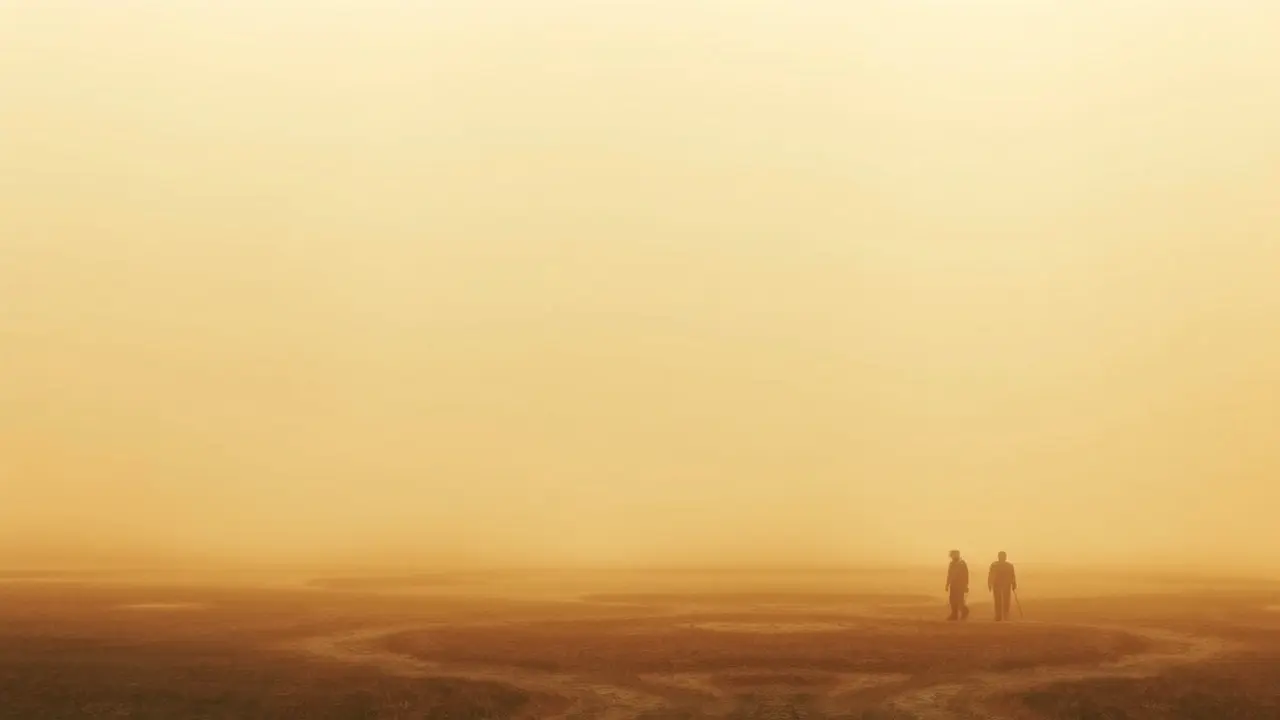 Paisagem nebulosa sob mormaço opressivo.