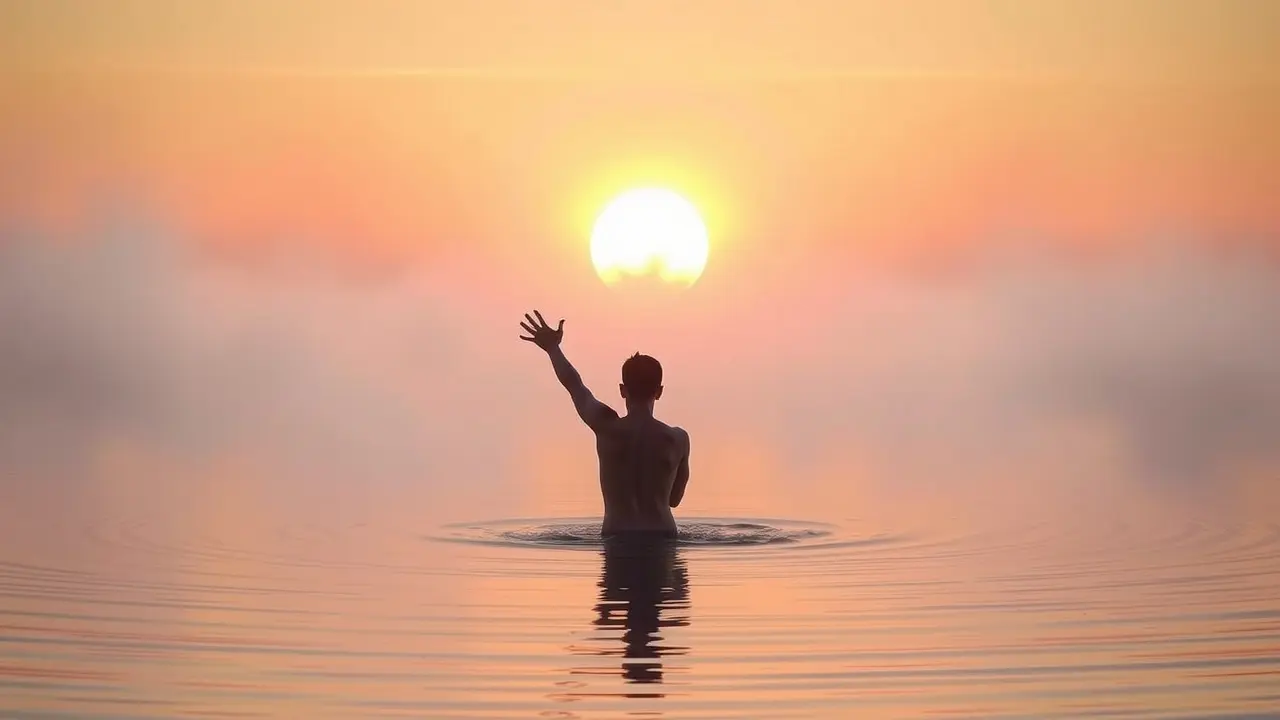 Sonhar com Mornidão: Descubra o Significado Oculto Pessoa emergindo de lago cinzento, em direção ao nascer do sol vibrante.