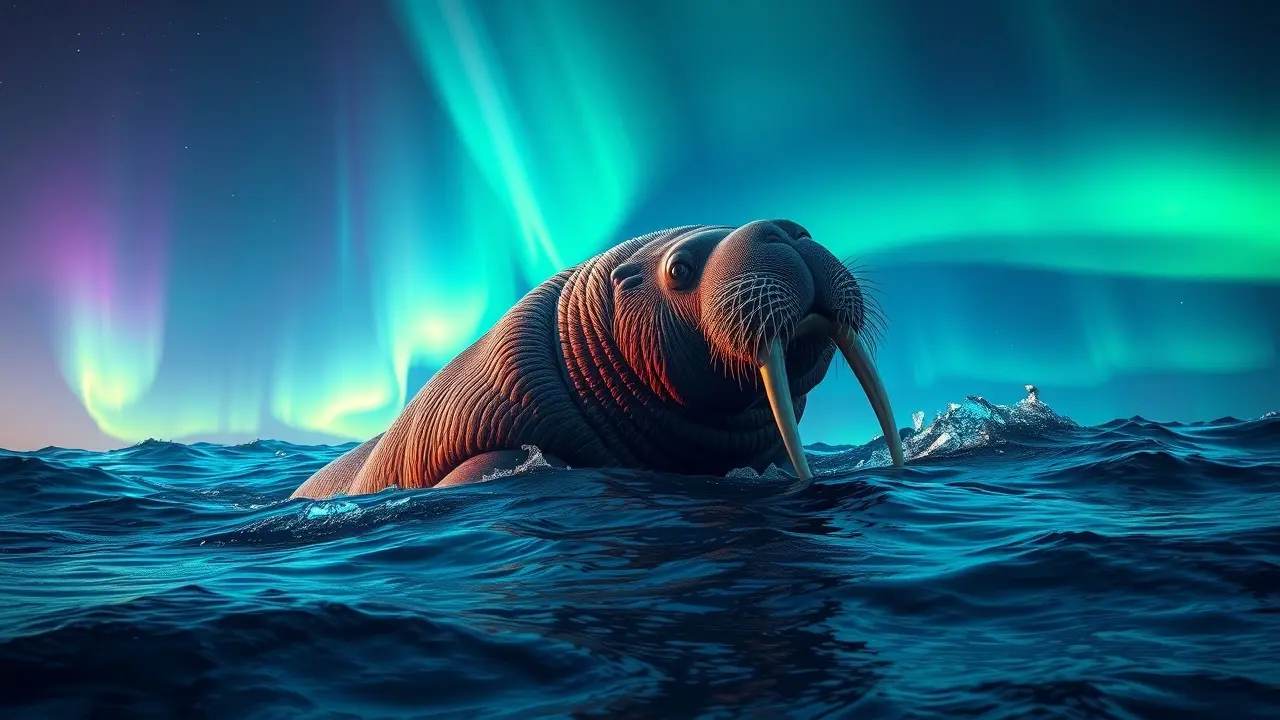 Morsa nadando no oceano ártico sob a aurora boreal