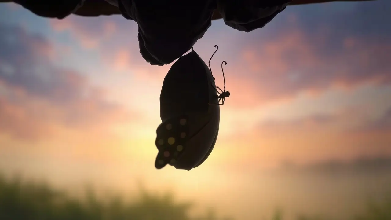 Borboleta emergindo do casulo, simbolizando renascimento.