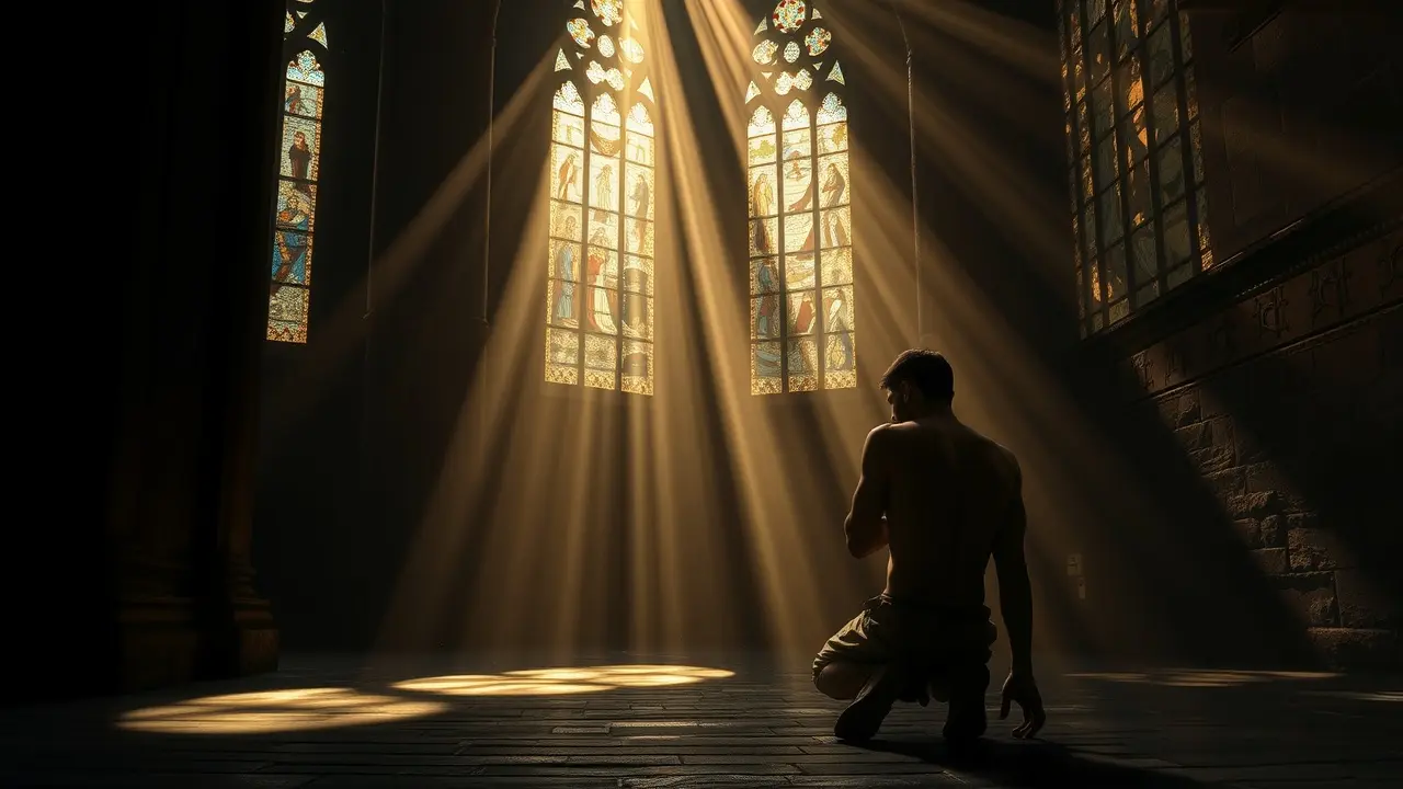 Pessoa ajoelhada em catedral escura, mortificação