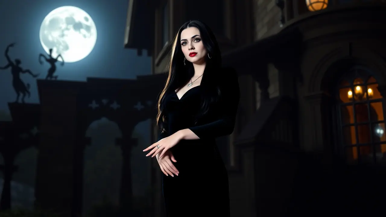 Sonhar com Mortícia Addams: Desvende os Mistérios do Seu Subconsciente Mulher vestida de Mortícia Addams em mansão gótica.