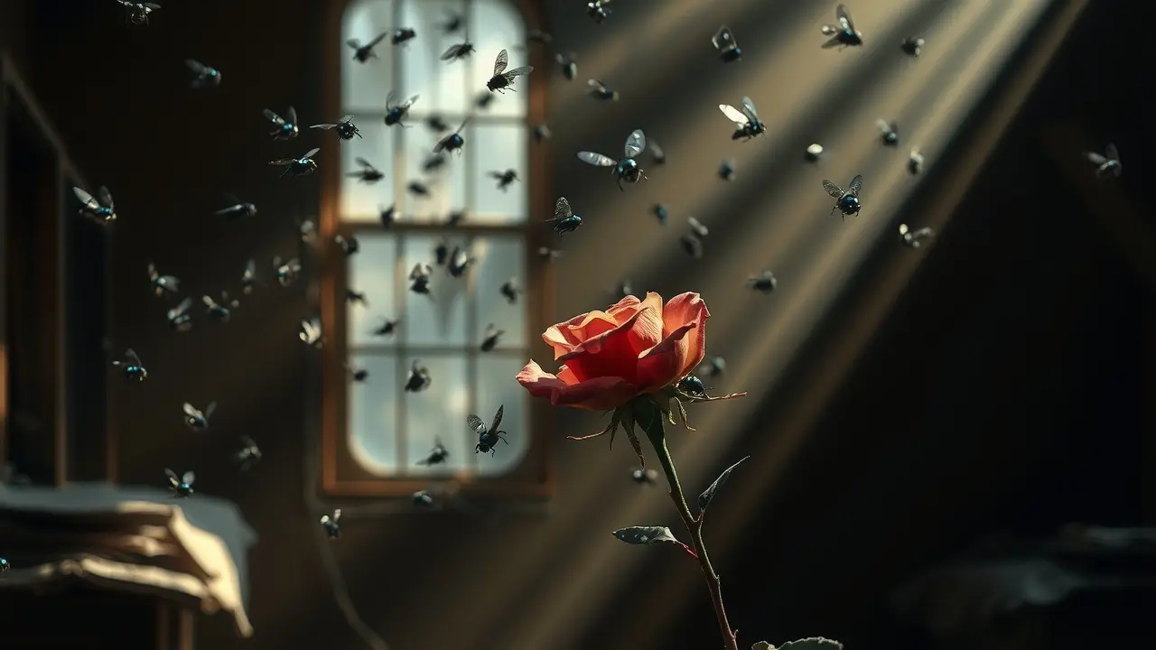 Moscas azuis zumbindo em torno de uma rosa murcha.