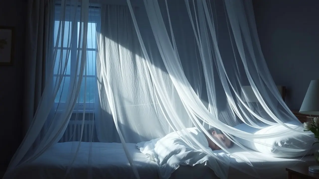 Mulher dormindo protegida por mosquiteiro branco.