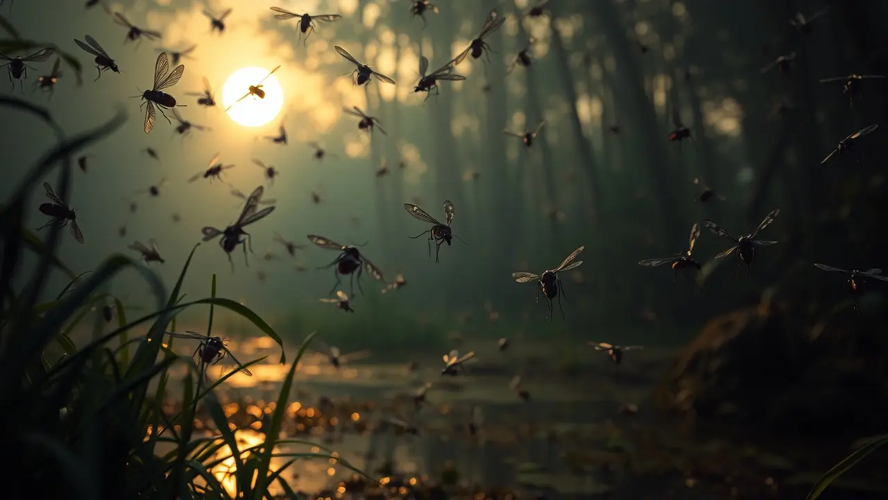 Mosquitos-da-malária em um pântano.
