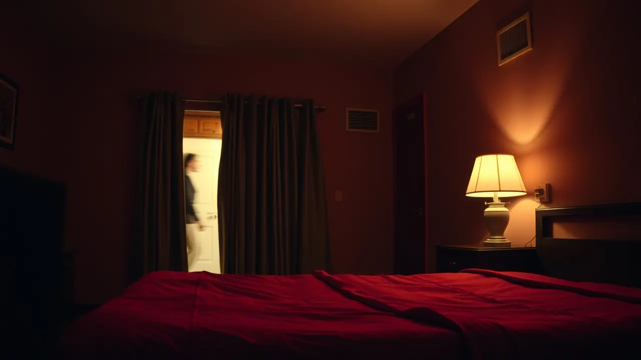 Significado de Sonhar com Motel: Decifre os Símbolos e Emoções Quarto de motel com iluminação baixa, criando atmosfera de mistério.