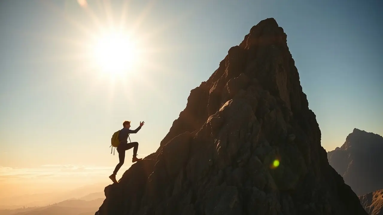 Sonhar com Motivação: Desvende os Significados Profundos Pessoa escalando montanha, amanhecer esperançoso.