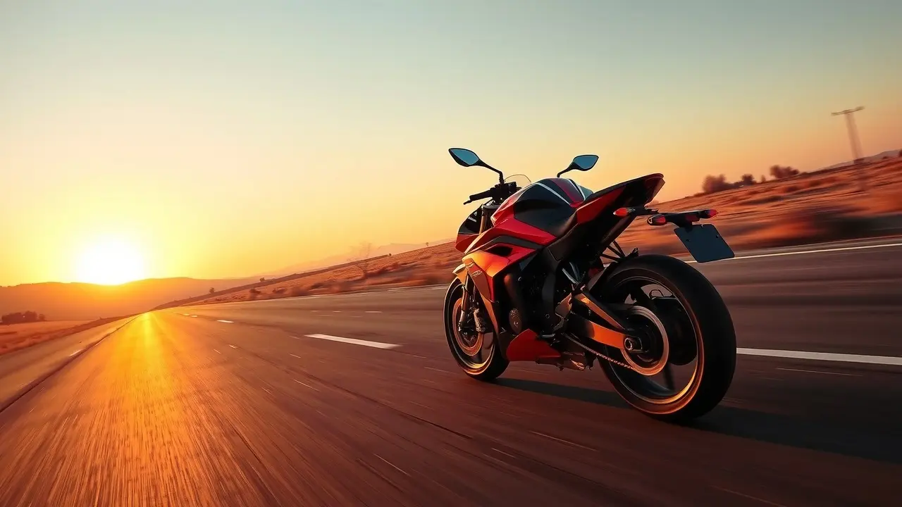 Moto na estrada ao pôr do sol