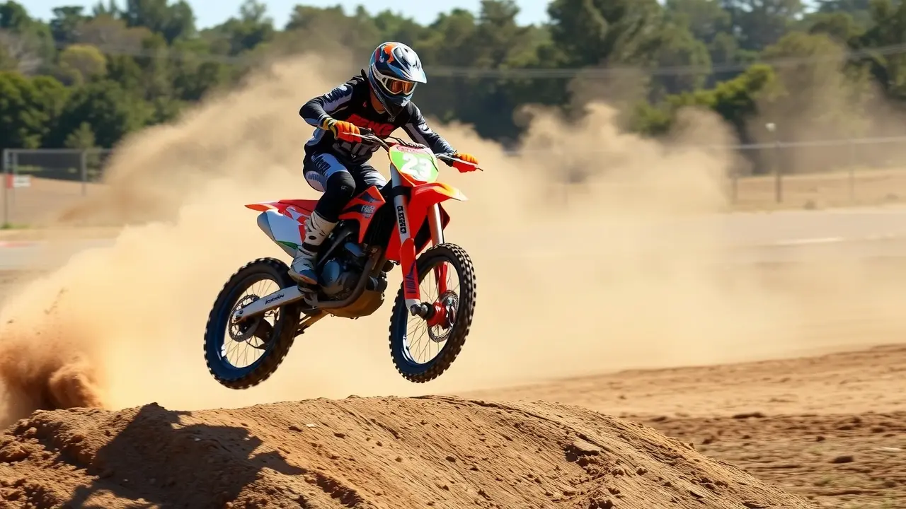 Piloto de motocross saltando em dia ensolarado.
