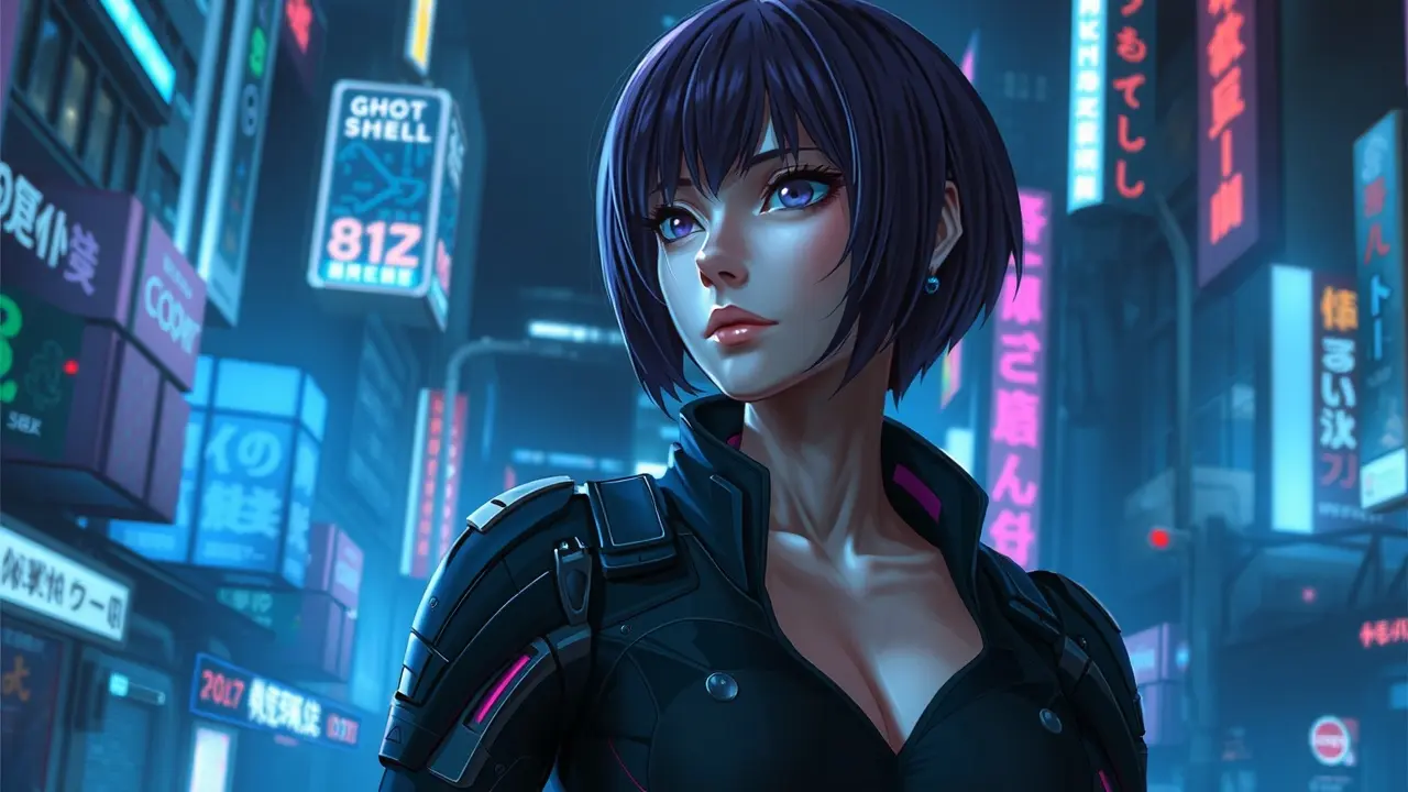 Motoko Kusanagi em ambiente futurista