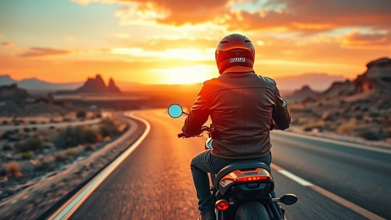 Motoqueiro solitário ao entardecer.