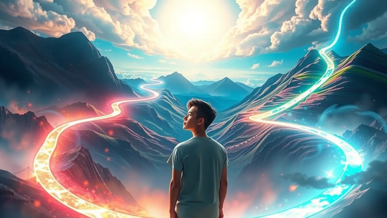 Mulher refletindo sobre caminhos em sonho com movimentação.