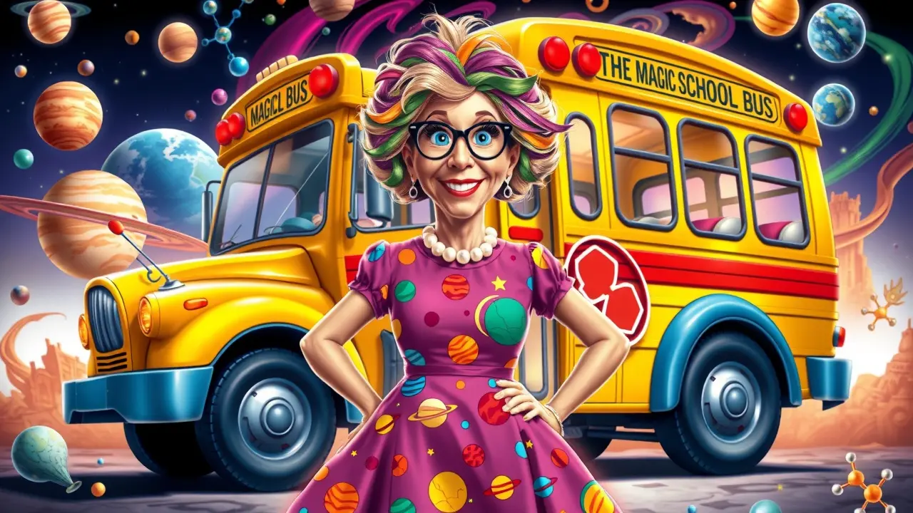 Ms. Frizzle em frente ao ônibus mágico em transformação.