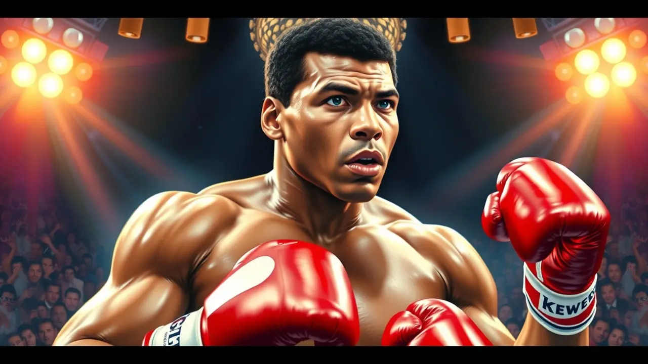 Significado de Sonhar com Muhammad Ali: Força, Superação e Propósito Muhammad Ali em pose de boxe, olhar determinado.