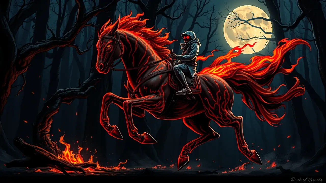 Mula-Sem-Cabeça galopando na floresta