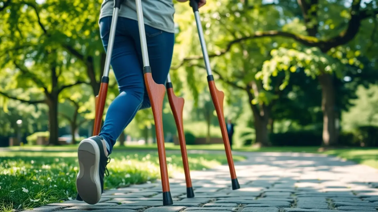 Sonhar com Muleta: Descubra o Significado e as Mensagens Ocultas Pessoa usando muletas em parque ensolarado.