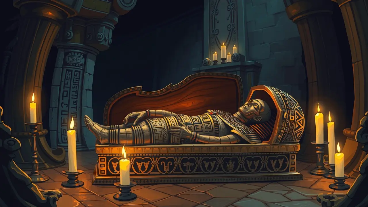 Ilustração de múmia egípcia em sarcófago