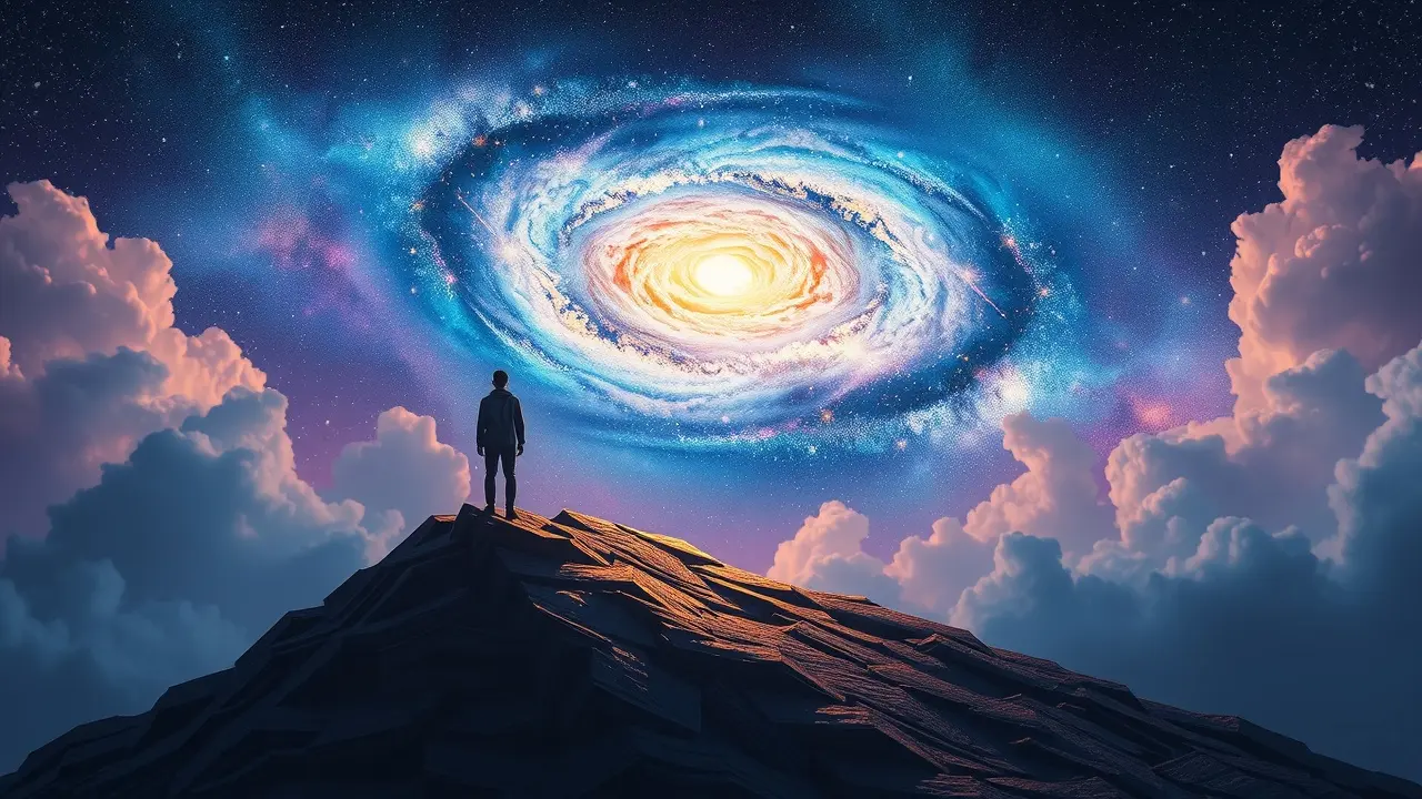 Pessoa contemplando um mundo cósmico de livros
