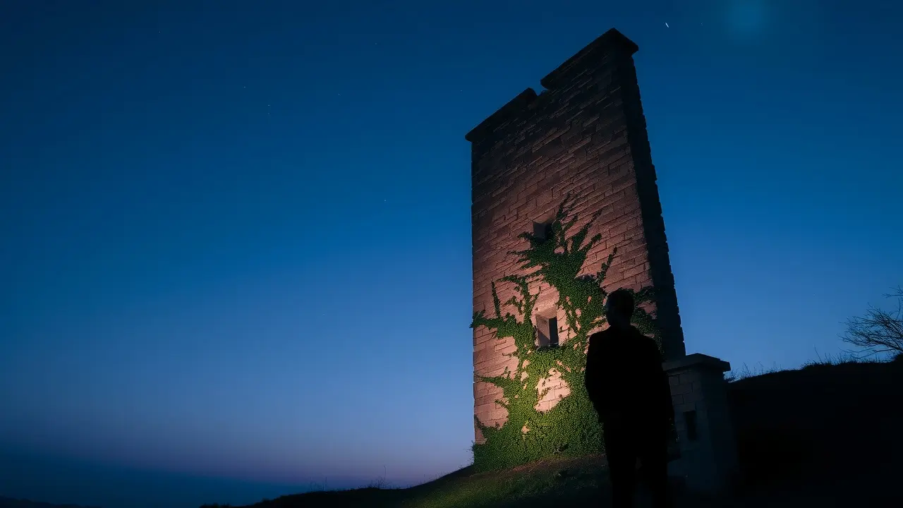 Homem contemplando muro de pedra antigo ao entardecer