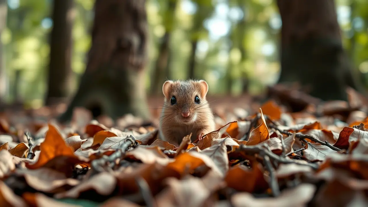 Um pequeno musaranho marrom escondido entre as folhas caídas
