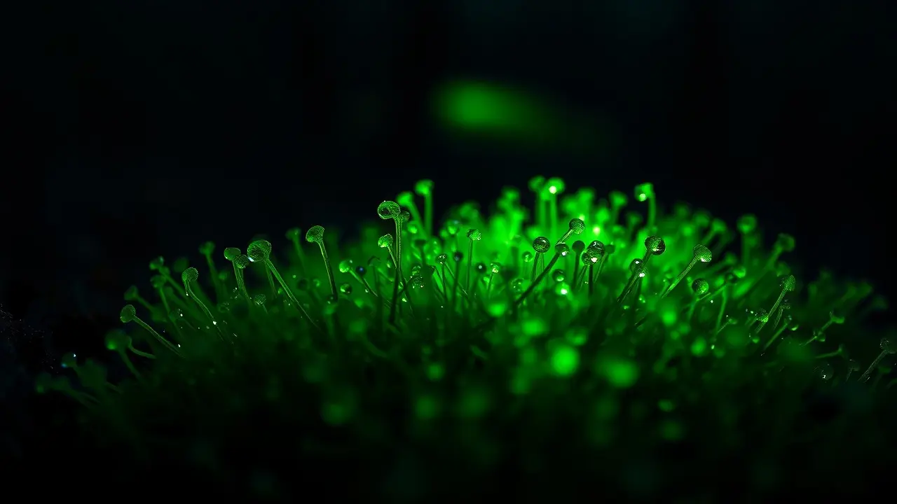 Musgo luminoso brilhando em floresta escura.