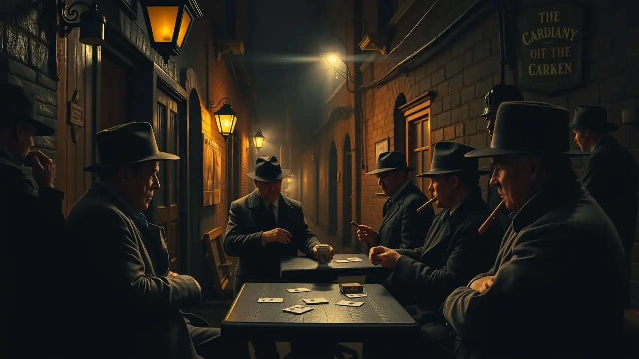 Sonhar com Máfia: Desvende os Significados Ocultos Homens reunidos jogando cartas em beco escuro, com ambiente mafioso.