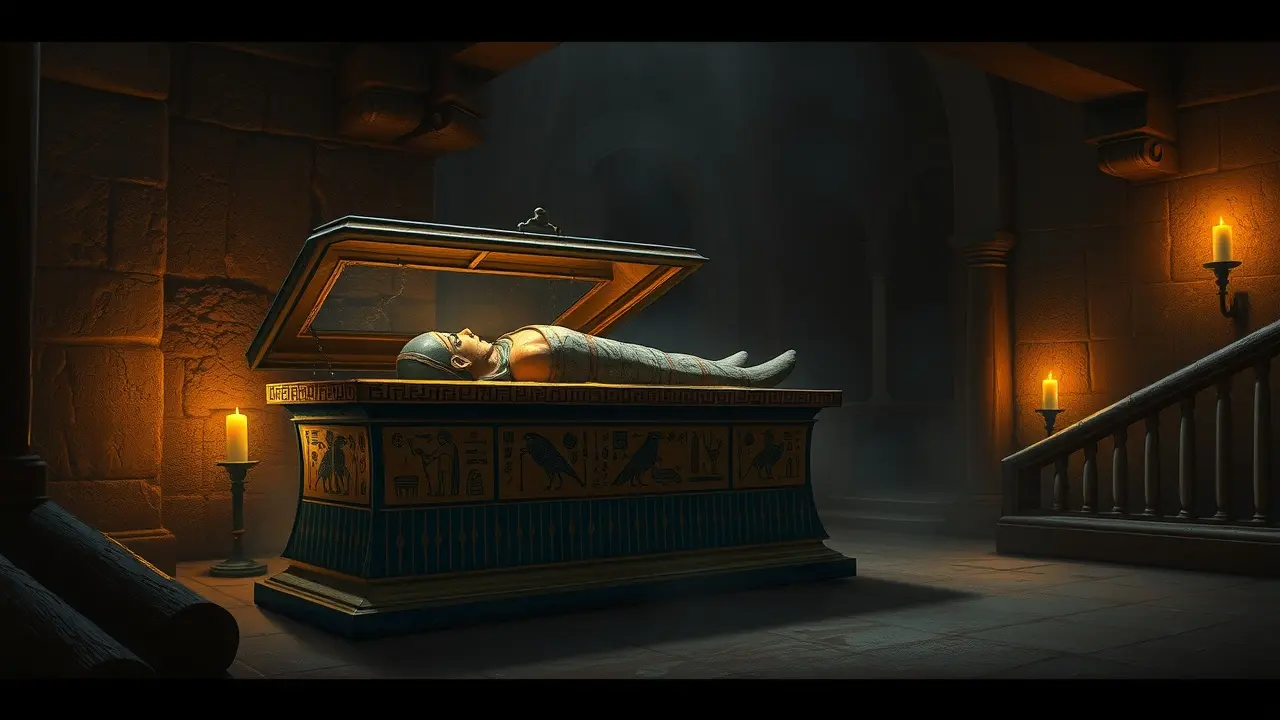Sarcófago egípcio com múmia à luz de velas