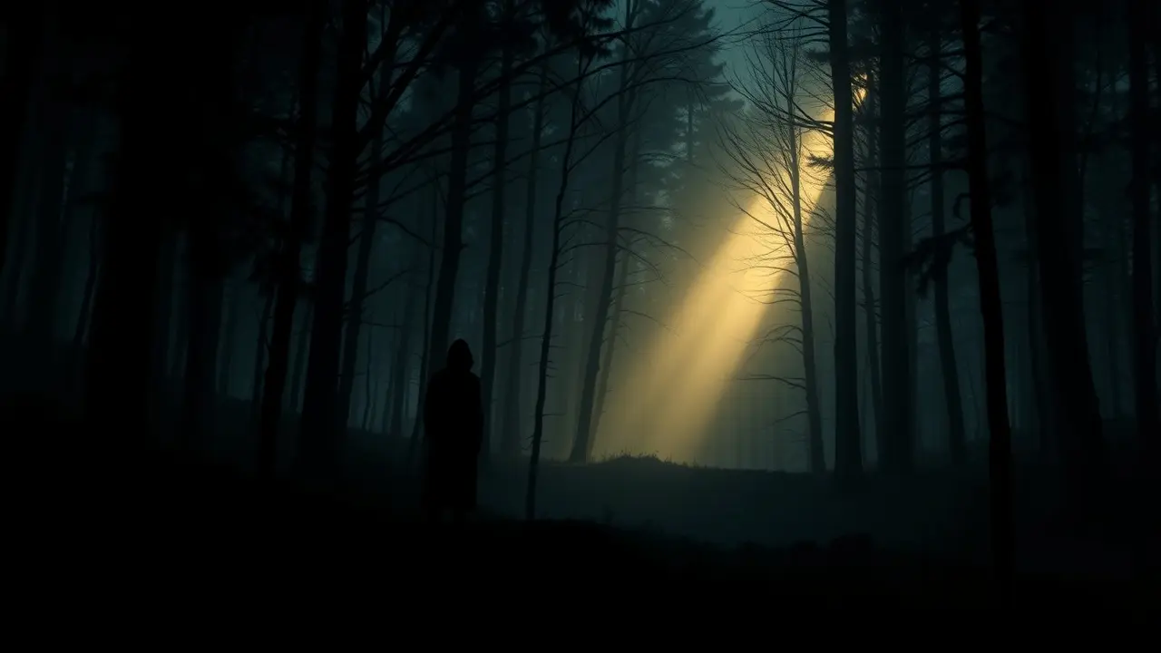 Sonhar com Míng Yí: Desvende os Significados Ocultos Figura sombria na floresta, luz ao longe