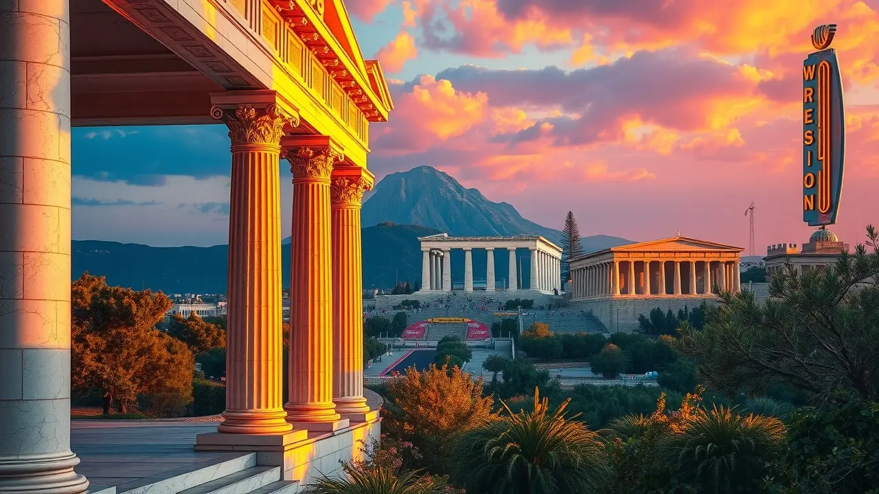 Significado de Sonhar com Mythos: Desvende os Mistérios do Subconsciente Um cenário onírico mesclando mitologia grega antiga e arquitetura moderna