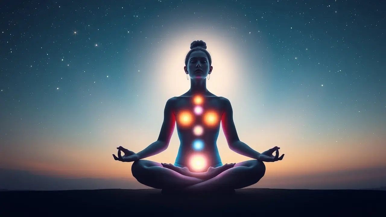 Pessoa meditando com nadis brilhantes