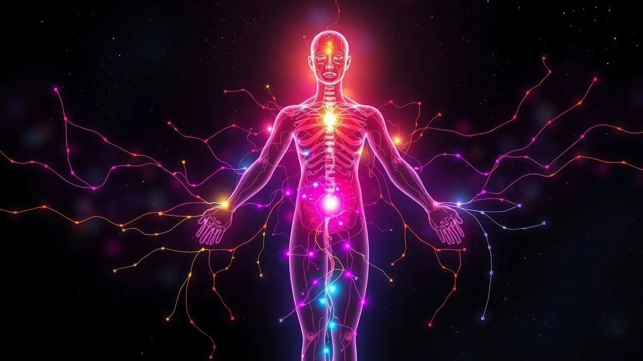 Sonhar com Nadis: Desvende os Segredos da Energia Vital Visualização etérea dos nadis, canais de energia vital.