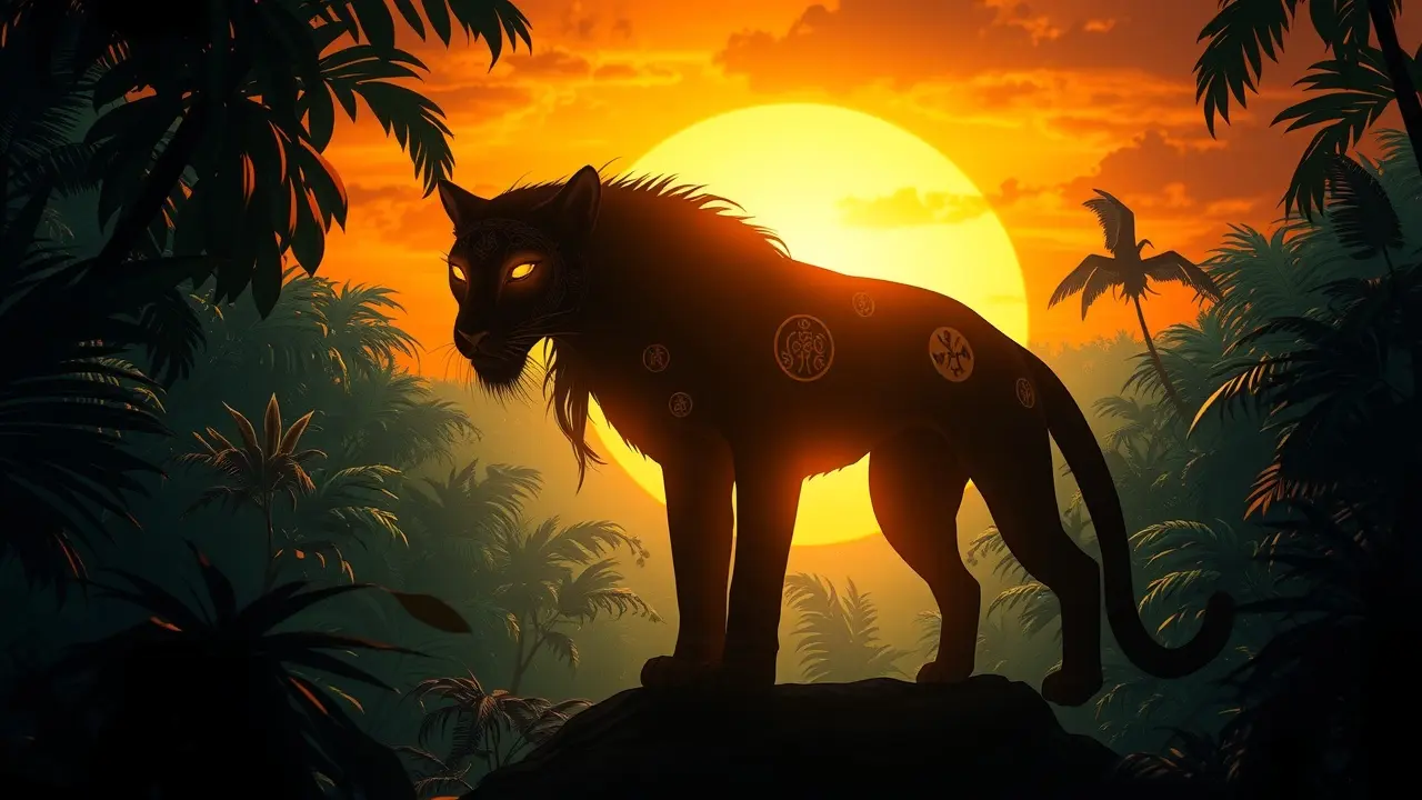 Sonhar com Nagual: Descubra o Significado e as Profundas Revelações Nagual místico ao pôr do sol na selva.