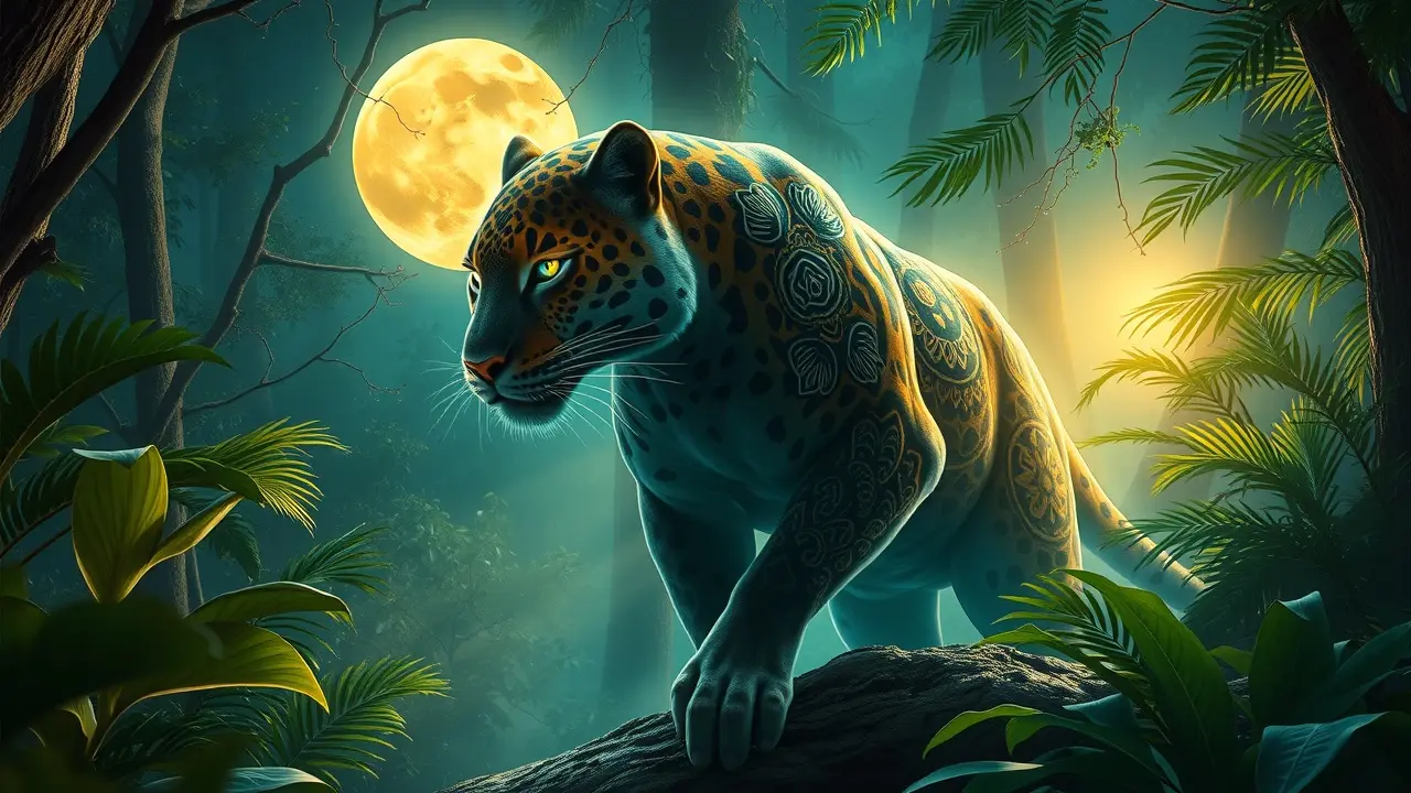 Nahual transformando-se em Jaguar sob a lua cheia