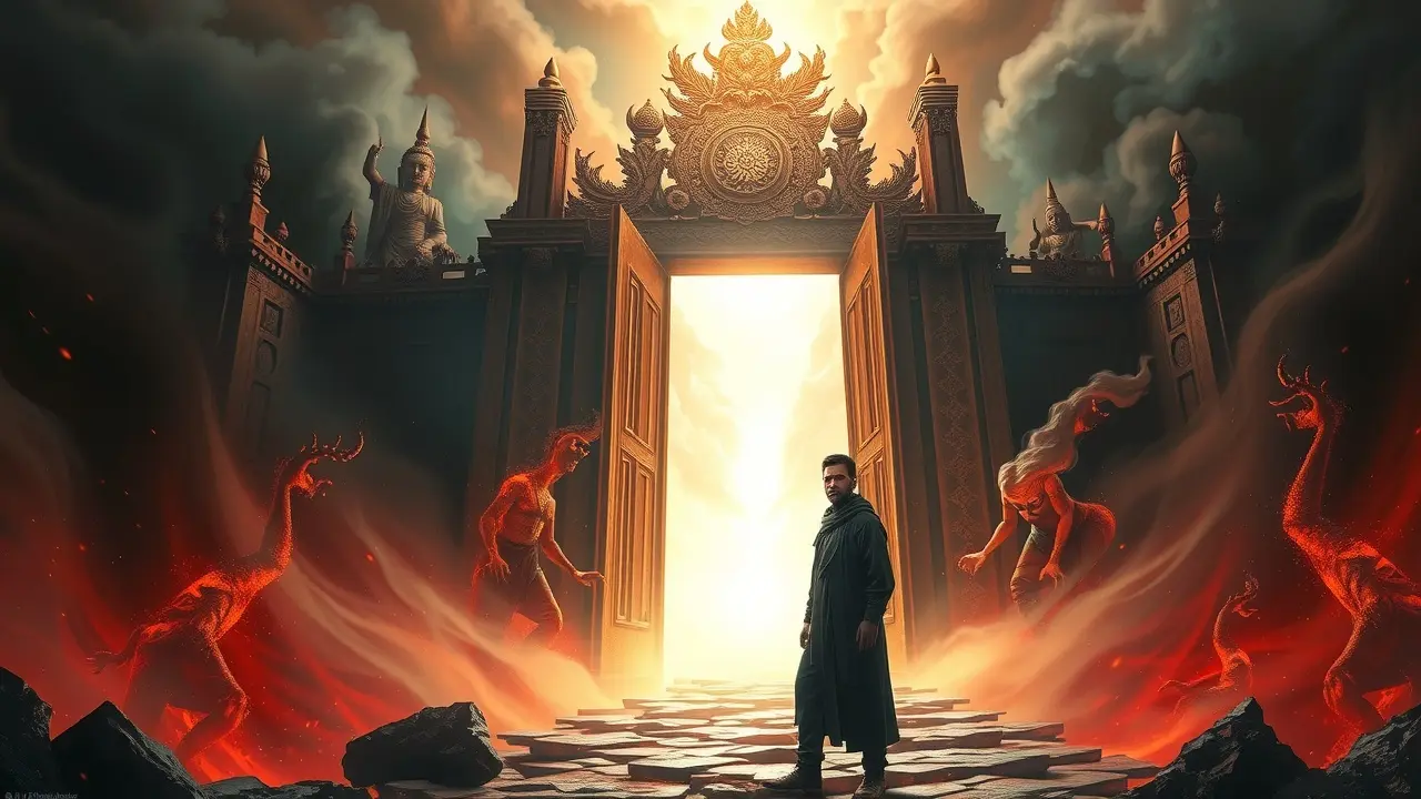 Sonhar com Naraka: Desvendando os Significados Profundos Pessoa à entrada de Naraka, paisagem infernal.