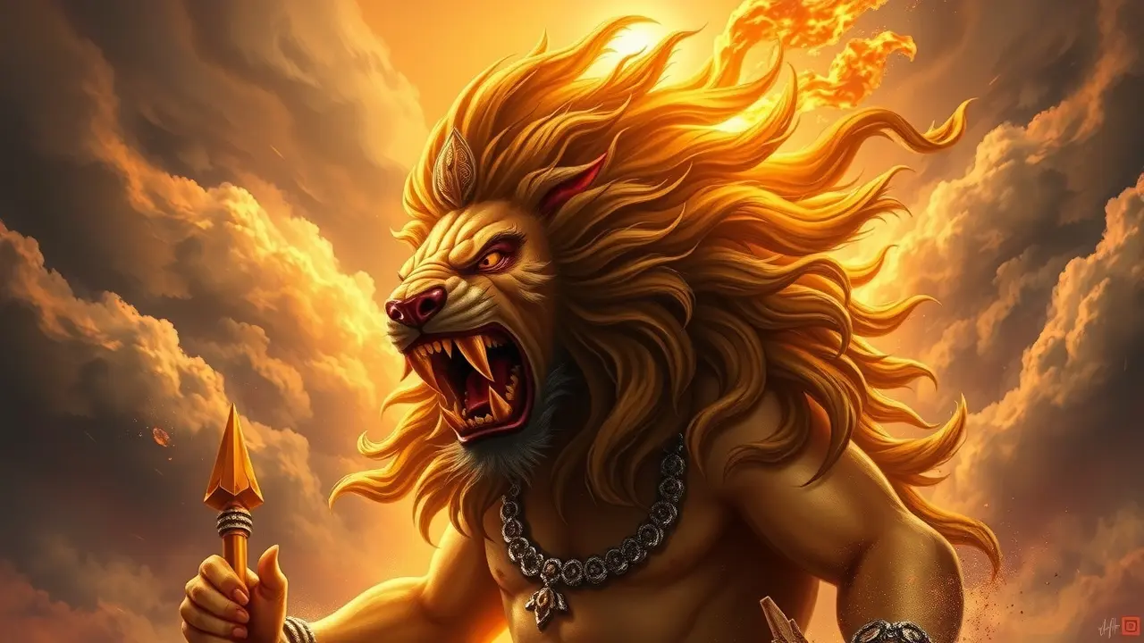 Significado de Sonhar com Narasimha: Força, Proteção e Transformação Narasimha, meio homem meio leão, rugindo.