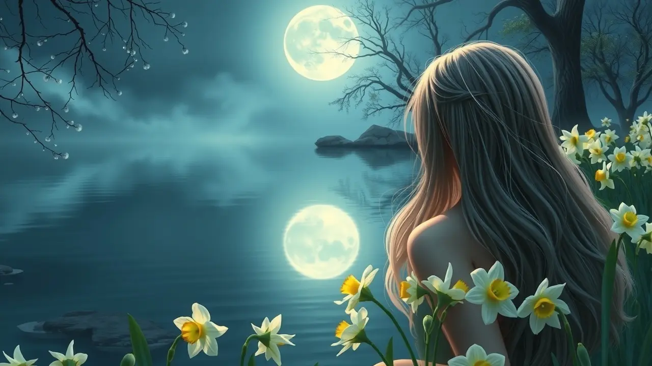 Mulher admirando-se no lago, cercada por narcisos.