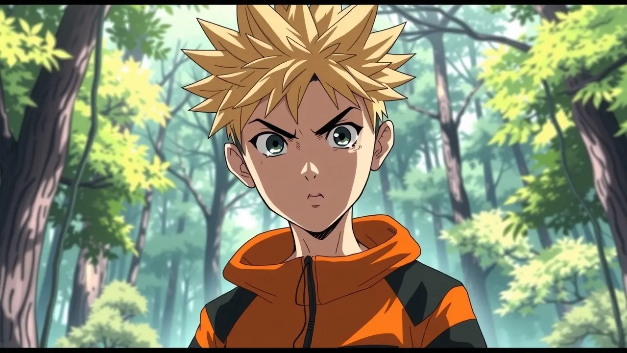 Jovem vestido de Naruto na floresta