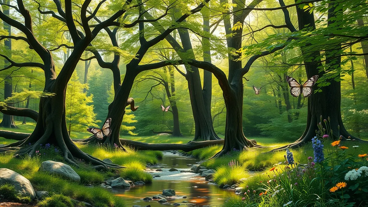 Clareira ensolarada em floresta exuberante.