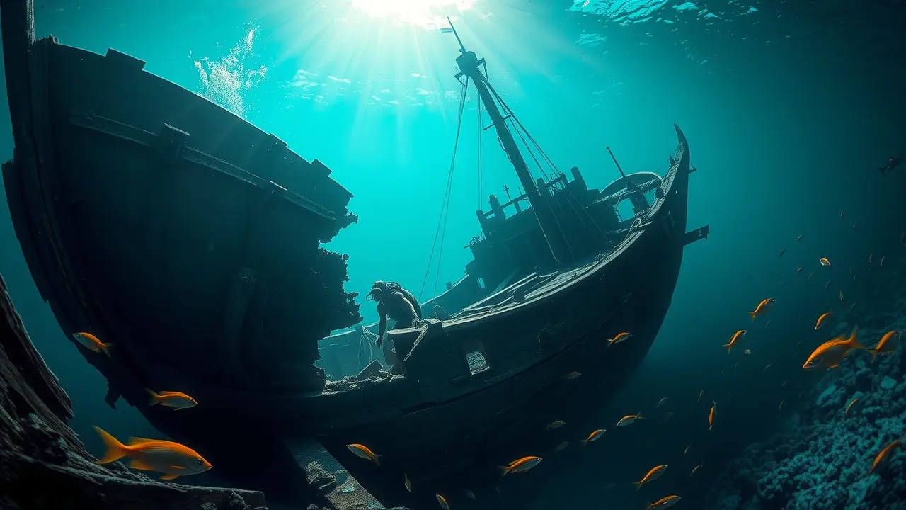 Naufrágio no fundo do mar, cena onírica.