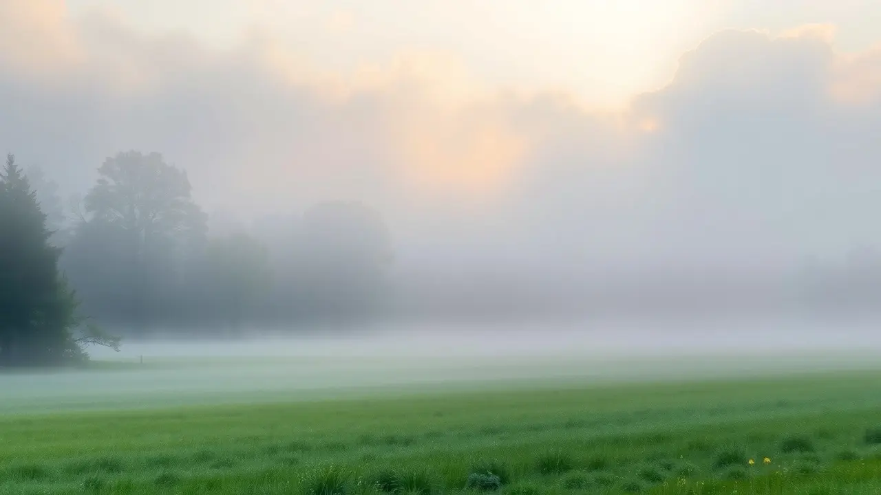 Cenário sereno com neblina matinal.