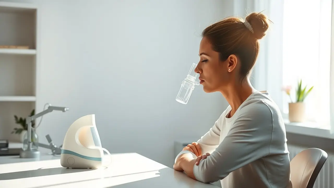 Pessoa usando nebulizador em ambiente calmo e iluminado
