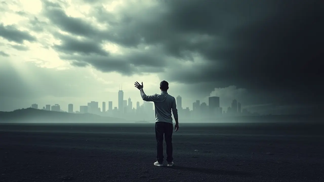 Sonhar com Necessidade: Desvendando os Significados Ocultos Pessoa com a mão estendida em direção à cidade distante, representando a necessidade