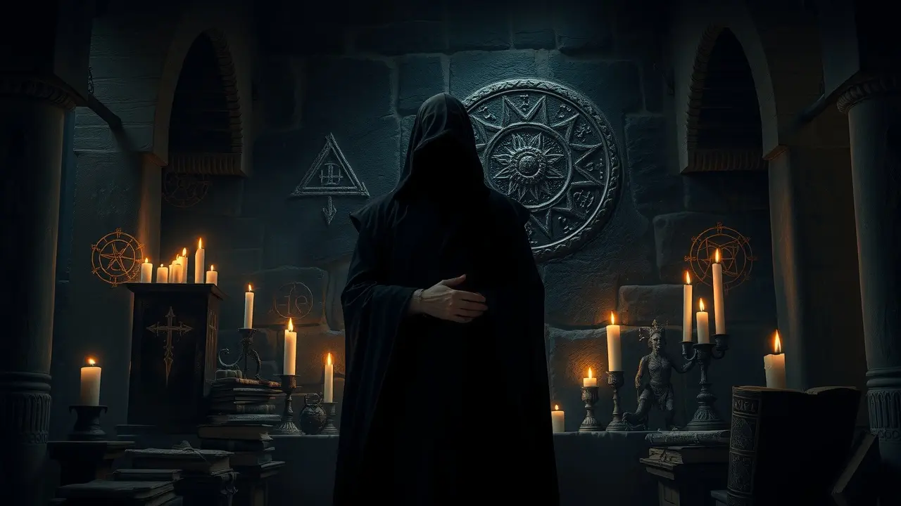 Necromante em câmara escura com velas e livros antigos